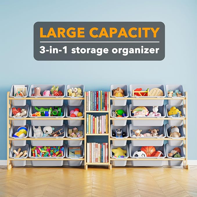 SpaceAid Large Toy Storage Organizer with 24 Bins and 3 Shelves, Toy Organizers Storage Bookshelf, Kids Bin Shelf Box Bookcase for Bedroom Playroom Organization Room Decor, Neutral Gray