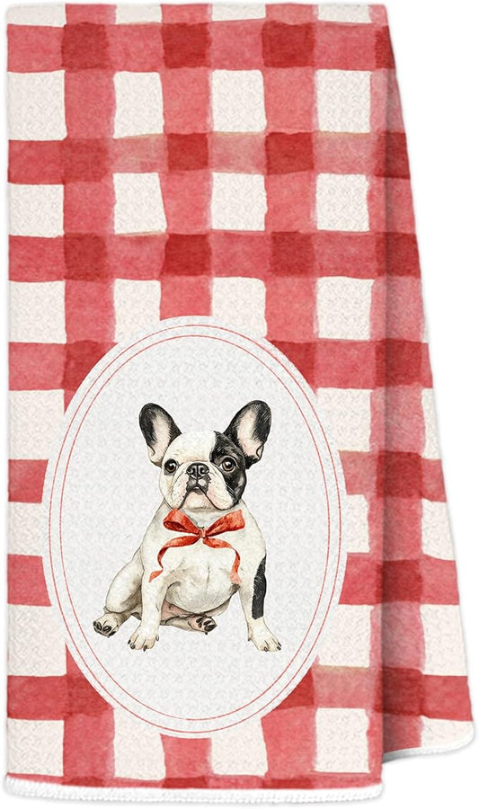 Red Plaid French Bulldog Kitchen Towels 16x24 Inch, French Bulldog Gifts Decorative Hand Towels for Bathroom, Red Checkered Frenchie Dog Dish Tea Towel Drying Cloth