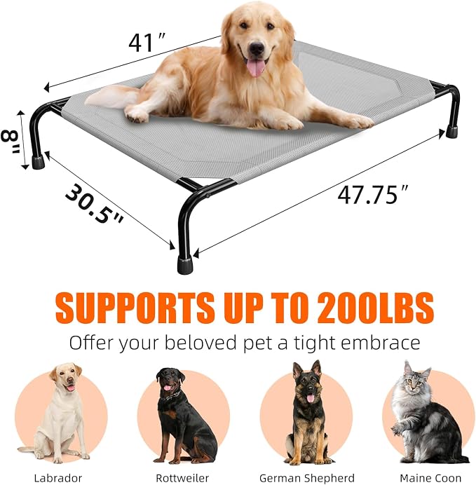 Simple Trending Raised Dog Bed for Large Dogs, Waterproof XL Dog Cot, Grey | Outdoor Cooling Elevated Pet Bed Load 200lb, 47.75" x 30.5"