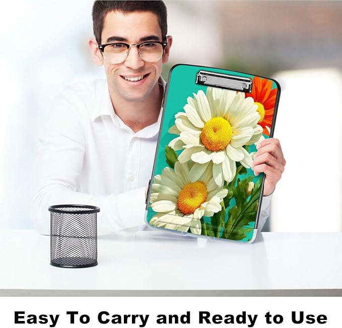 A4 Clipboard with Storage Pen Holder, Clipboards Organizer Nursing Clipboard Foldable File Folder Plastic Clipboard Folio Clip Board for Office Work Classroom Doctor, White Daisy
