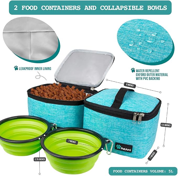 PetAmi Dog Travel Bag Organizer, Pet Supplies Diaper Tote, Teal Blue Large | Pet Travel Kit with 2 Food Containers & 2 Collapsible Dog Bowls, Luggage Sleeve, Weekend Getaway Road Trip Camping Essentials