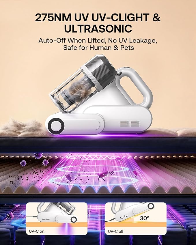 Trucozie Mattress Vacuum Cleaner with 275nm UV-C Light & 149℉ Heat, 16Kpa Powerful Suction Bed Vacuum for Pet Hair & Dander, Smart Dust Sensor, Anion & Aromatherapy, Corded for Bed, Sofa, Couch, White