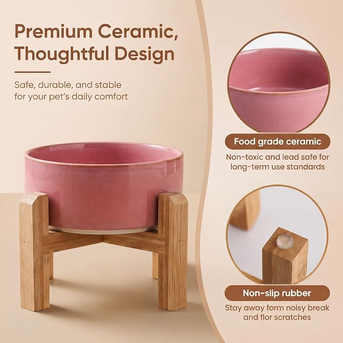 hjn Elevated Ceramic Dog Bowl with Bamboo Stand, Raised Pet Feeding Station for Small Medium Dogs Cats, Modern Design with Anti-Slip Base (Deep Pink, 3.6Cup)