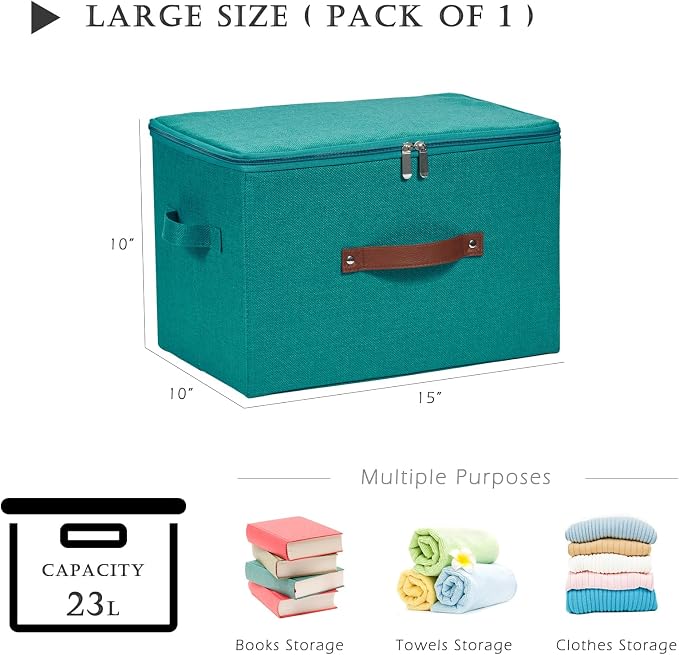 Storage Bins with Zipper Lids Decorative Lidded Baskets Boxes | Clothes Container, Closet Shelf Organizer, Foldable Washable, Cotton Linen Fabric, w/ PU Leather Handles, Teal Blue, Large