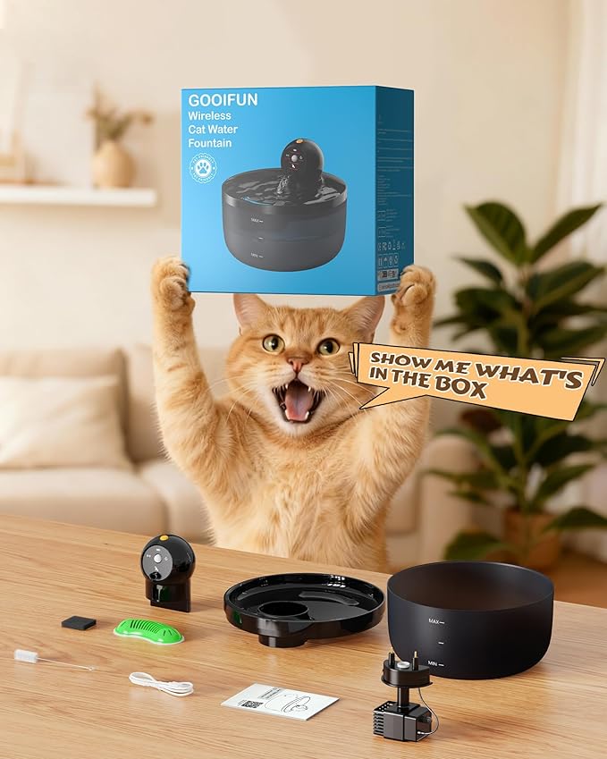Pet Water Fountain Battery Operated: GOOIFUN Cat Water Fountains with 8 Filters + 8 Sponges - 88oz/2.6L Noiseless Cats Waterer Bowl Dispenser - Kitten Drinking Fountains for Cats Indoor