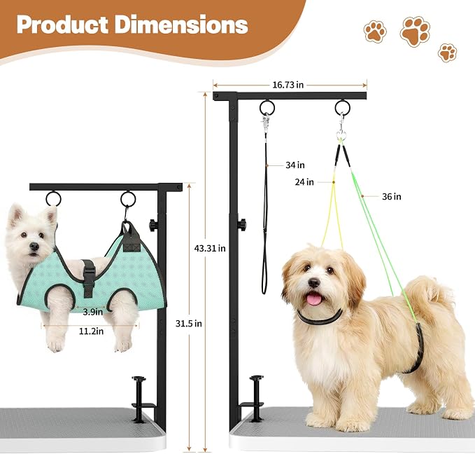 Dog Grooming Table Arm, 31.5"-43.3" Adjustable Pet Stand with Hammock & Clips – 3-in-1 Grooming Kit for Nail Trimming, Haircut & Drying, Home Supplies for Small Dogs