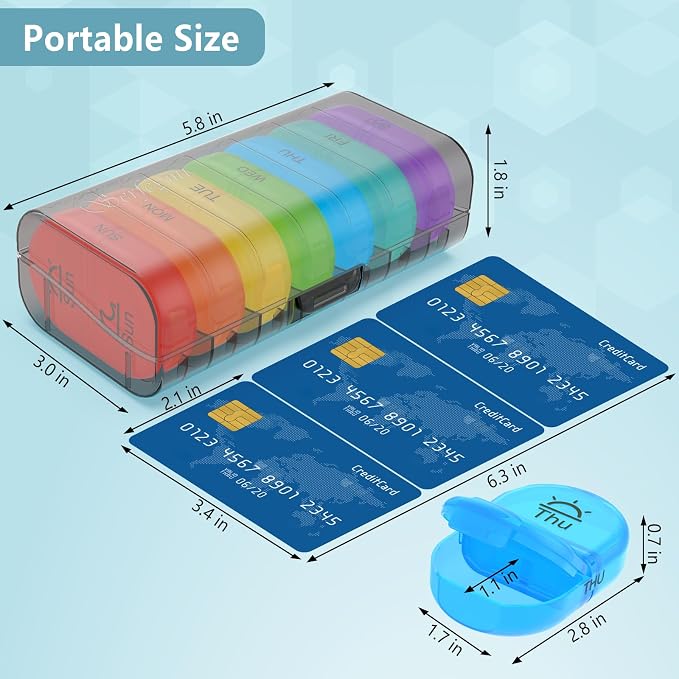 Serfeymi Weekly Pill Organizer 2 Times a Day AM PM Travel Pill Box 7 Day | Medicine Pill Organizer with Protection Pill Case Daily Medication Box for Vitamins,Supplement- Black Case + Rainbow Pill Box