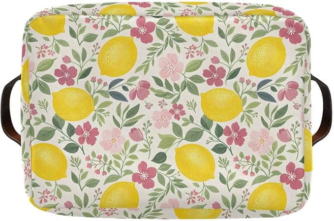 susiyo Large Foldable Storage Bin Beautiful Floral Lemon Fabric Storage Baskets Collapsible Decorative Baskets Organizing Basket Bin with PU Handles for Shelves Home Closet Bedroom Living Room-1Pack