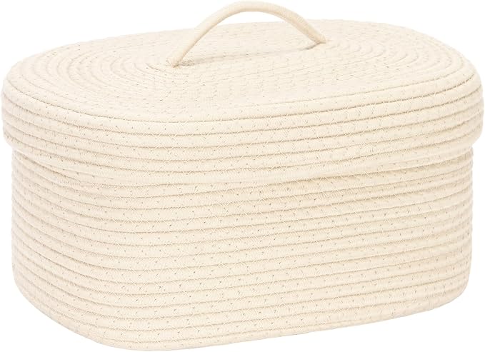 Sea Team Oval Storage Basket, Woven Cotton Rope Basket with Lid, Cream | Decorative Knitted Storage Bin, Multi-Purpose Lidded Organizer for Closet Shelves, Nursery and Household Storage