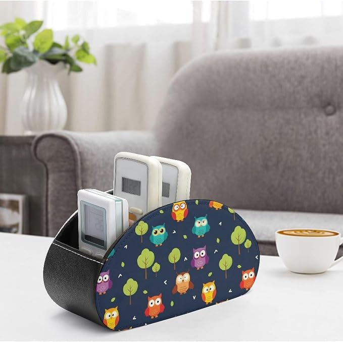 TV Remote Control Holder Cute Owl Desktop Storage Caddy Box | Pu Leather Makeup Brush Organizer with 5 Compartments, Cute Owl, Fit for Media Player, Office Supplies