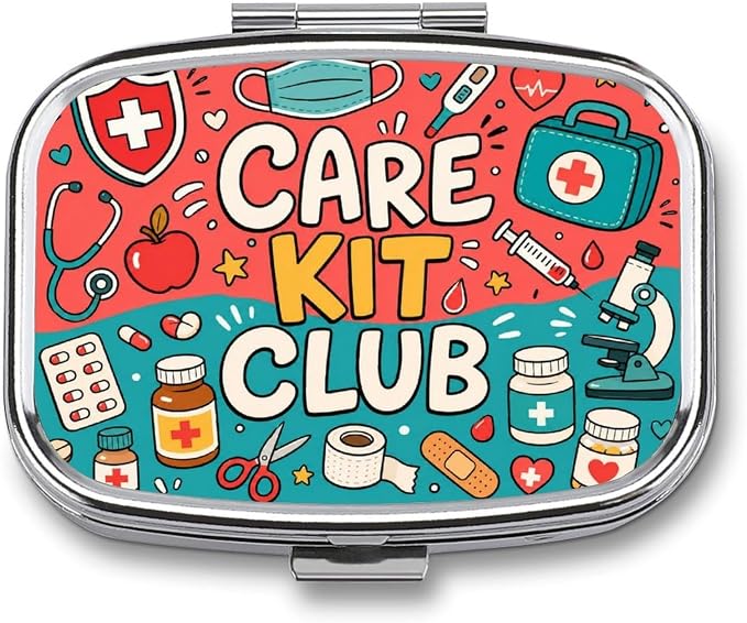 Care Kit Club Doodle Collage Two Compartment Pill Box Medicine Organizer, Portable Pill Case with Secure Snap Closure for Vitamins Medication Supplements Daily Use