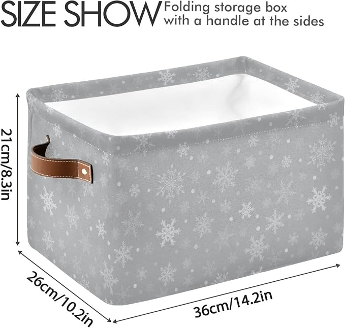 Wamika Winter Snowflake Gray Storage Basket with Waterproof Liner and PU Handles Christmas Snow Xmas Storage Bins Boxes 14.2" Collapsible Decorative Organizer Baskets for Bedroom Closet Office 1 Pack
