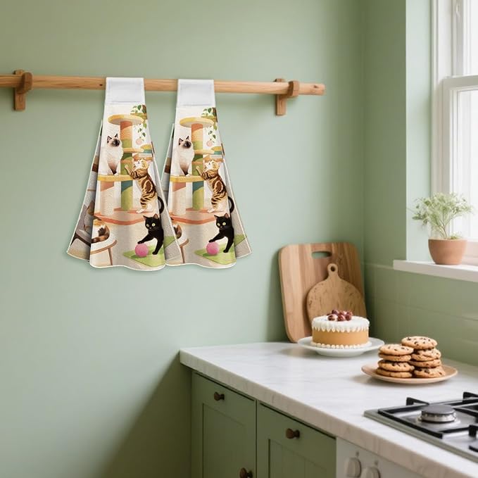 CUTHOLLOW Cat Play and Flowers Hanging Kitchen Towels with Loop, Set of 2 - Soft & Super Absorbent Microfiber Decorative Hanging Dish & Hand Towel, Tea, Coffee Towel for Kitchen Bathroom Oven Handle