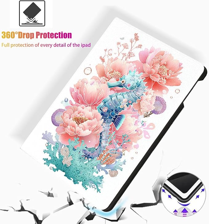 for Microsoft Surface Pro X/Pro X Plus-13 2019/2020/2021/2024 Tablet Case,Auto Wake/Sleep,Adjustable Stand Protective Cover - Seahorse Flower