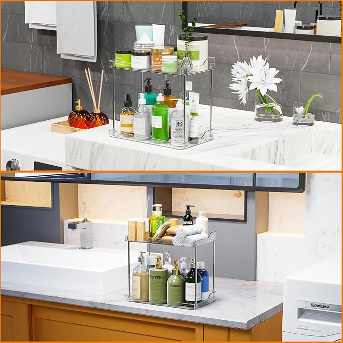 Clear Acrylic Bathroom Counter Organizers and Storage Tray, 2 Tier Makeup,Perfume,Skincare Organizer Shelf & Vanity Storage for Bedroom and Counter Top Spice Racks for Kitchen Corner,Rectangle