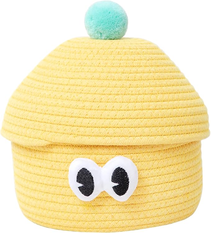 Cartoon Big Eye Cotton Rope Storage Basket with Lid, for Kids Room, Living Room, Bedroom, (Yellow)
