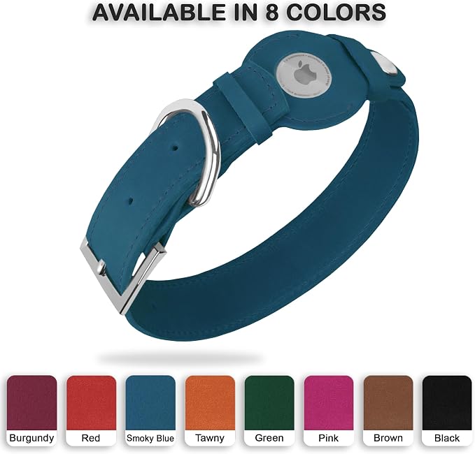 Leather Dog Collar with Airtag Holder - Apple Air Tag Dog Collars - Soft Tracking GPS Pet Collar for Small Medium Large Dogs Breed Puppy (Smoky Blue, L, 15"-19" Neck Fit)