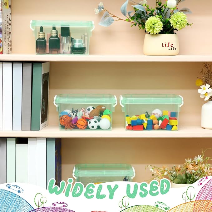 6 Pack Colorful Plastic Storage Bins with Lids 4 Quart Small Storage Latch Box Stackable and Nestable Clear Organizer Bins with Latching Handle and Buckle for Organizing(Green)