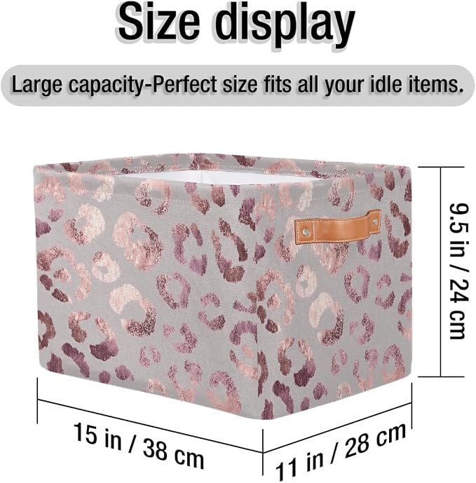 SEULIFE Rose Gold Leopard Print Pink Foldable Storage Basket, Large Collapsible Organizer Storage Bin Cube Toys Storage Boxes with Handles for Bathroom Kids Nursery Closet Storage, 1 Pack