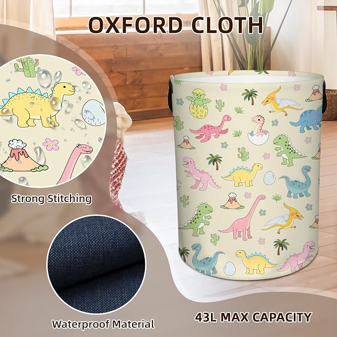 Dinosaur Laundry Hamper, Waterproof Laundry Basket for Bedroom, Baby Round Collapsible Nursery Hamper Storage Bin with Handles for Toys, Storage Basket for Boy Girls Boys, Room Decor, 13.8x17.7 in