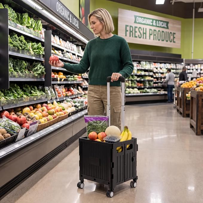 Foldable Shopping Cart with Wheels: Small Rolling Utility Crate | Adjustable Handle, All-Terrain Wheels, Multipurpose Grocery Trolley for Teacher, Market, Office, Luggage, Laundry, Garden