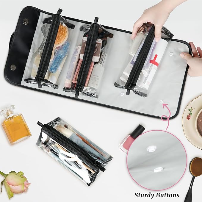Construction Trucks Makeup Bag for Women Hanging Roll-Up Travel Organizer Toiletry Kit with 4 Removable Compartments, Yellow