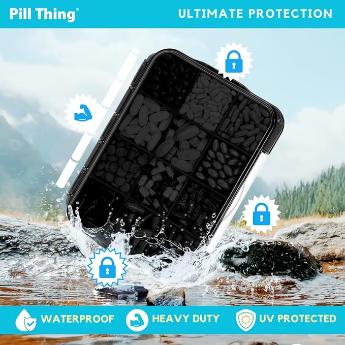 Extra Large Pill Organizer (12 Compartments) – Airtight Waterproof Travel Pill Case – Holds Large Vitamins & Daily Medications – Medication Map & Secure Lock Design (Black, 1 Pack)