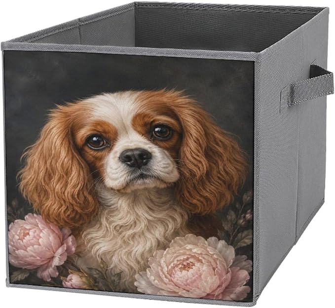 Cocker Spaniel With Peonies Storage Bin with Handles, Oxford Fabric Foldable Storage Cube Organizer for Clothes, Towels, Bedroom, Living Room, Home Organization