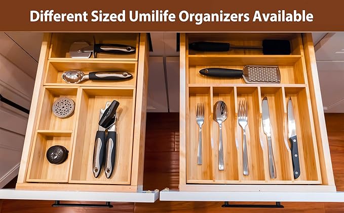 Drawer Organizer Storage Boxes, 2.5" High Bamboo Drawer Dividers, 3 Rearrangeable Bins for Kitchen, Office Desktop, Clothing, Makeup, vanity, Jewelry