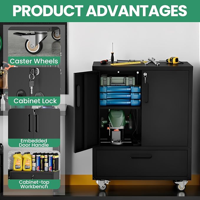 Garage Cabinets,Metal Garage Storage Cabinet with Wheels,Black Lockable Rolling Tool Cabinet with Drawer and Adjustable Shelves,Heavy Duty Tools Cabinet for Home Office Utility Room