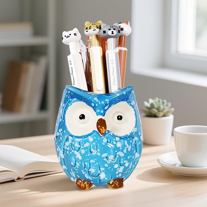 Ceramic Owl Shaped Pen Pencil Holder for Desk Decoration Accessories Owl Decor Makeup Brush Pen Cups Succulent Plant Pot Office School Ideal Gifts for Women, Mom or Birthdays