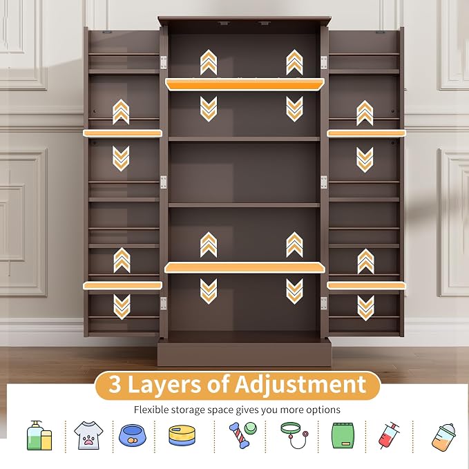 Saudism 47" Dog Food Storage Cabinet with Adjustable Shelves, Gray | Freestanding Pet Storage Container Organizer for Living Room and Dinning Room