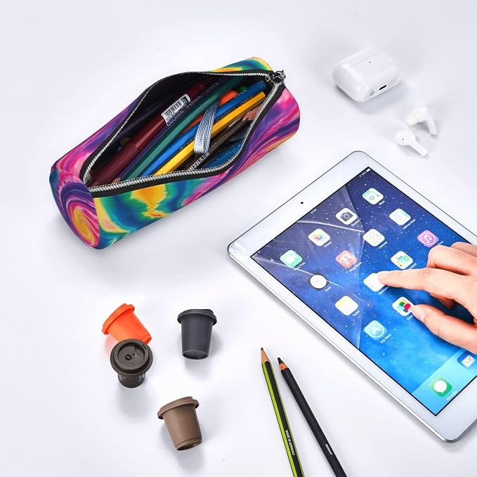 OSAM SPACE Leather Pencil Case Round Pencil Bag Colors Spiral Psychedelic Pen Organizer Holder Portable Zipper Pouch Cute School Supplies for Girls Boys Study Office