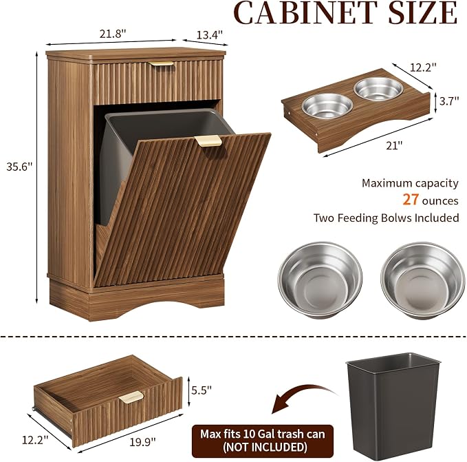 Dog Feeding Station with Storage Cabinet & 2 Elevated Bowls,Hooks,Walnut | Flip-top Sealed Food Bin.Pull-out Bowl Drawer with Wheels.Side Hooks for Leashes + Internal Shelf for Cans.For Dogs/Cats.