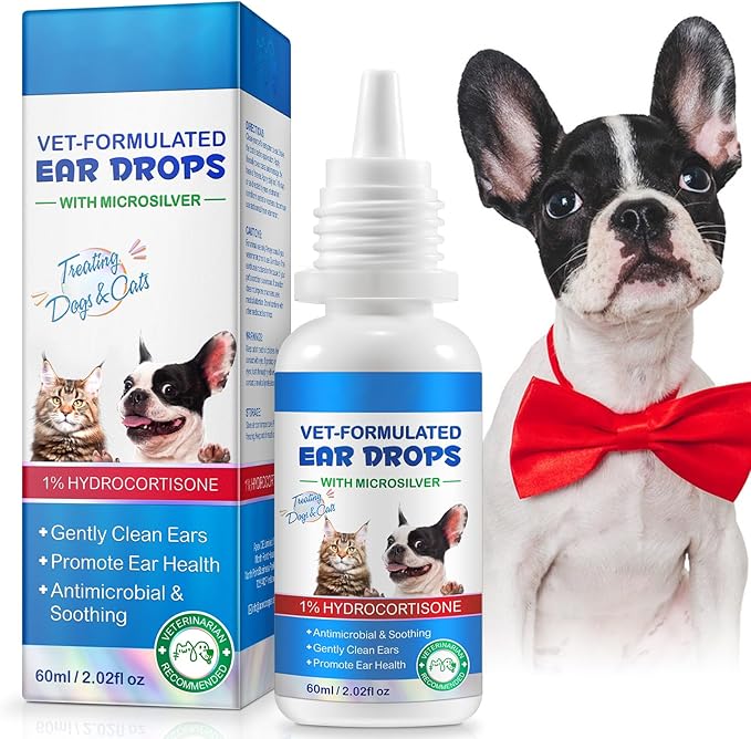 Dog Ear Infection Treatment Drops, Pets Ear Cleaning Drops with 1% Hydrocortisone for Dog & Cats Yeast Infection, Itchy Ear Relief, Pet Ear Care Supplies, 2.02 Fl.Oz