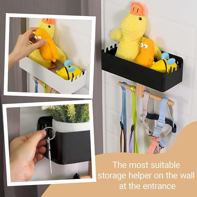 Dog Leash Holder for Wall, Dogs Leash Hooks, Dogs Leashes Shelf Organizer, Pet Stuff Organizer with Shelf Storage, Hooks for Entrance Living Room Kitchen-Gifts for Dog Lovers (White)