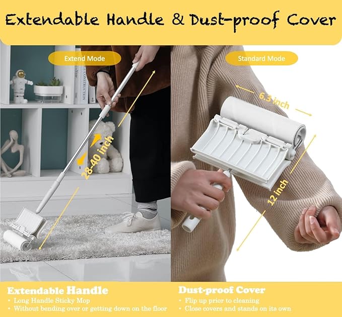 Large Surface Lint Roller with Extendable Long Handle Dust-Proof Cover 6.3'' Wider 240 Sheets, Long Handle Sticky Mop for Cleaning Furniture Carpet Floor Curtains and Pet Hair