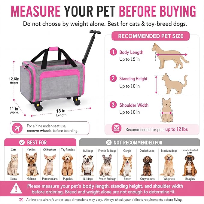 Airline Pet Carrier with Wheels, 18x11x11 for Cats & Toy Dogs | Soft-sided nylon under-seat bag, removable wheels, expandable mesh, cats & toy-breed dogs, measure pet before buying