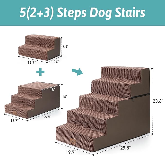 COZY KISS Dog Stairs for Small Dogs, 5 Step Pet Stairs for Beds & Couches | 23.6" Extra Wide Non-Slip Dog Steps with Removable Tiers & Support Board for Puppies, Older Cats & Dogs, Brown