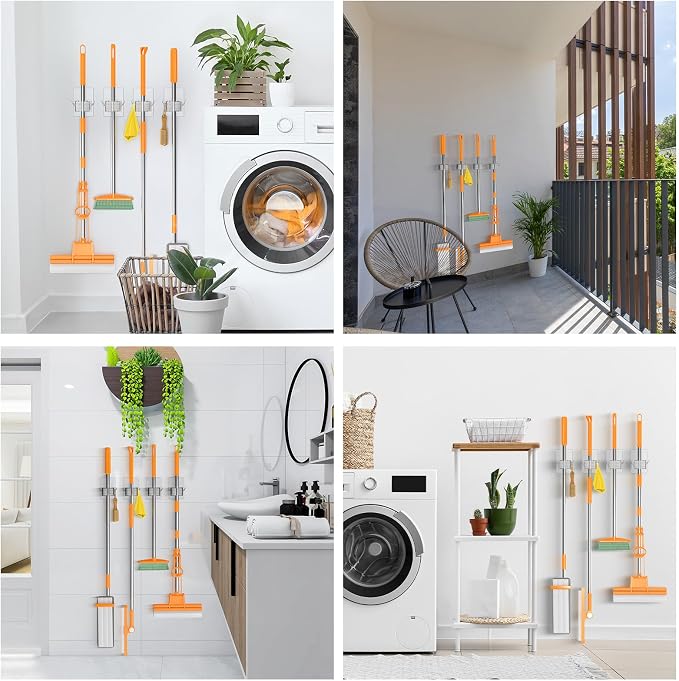 Batur Broom Holder Wall Mount, 4 Pack New Version Adhesive Mop and Broom Holder Wall Mount, Super Anti-Slip Broom Hanger Mop Organizer Wall Hanging for Bathroom, Kitchen, Laundry Room