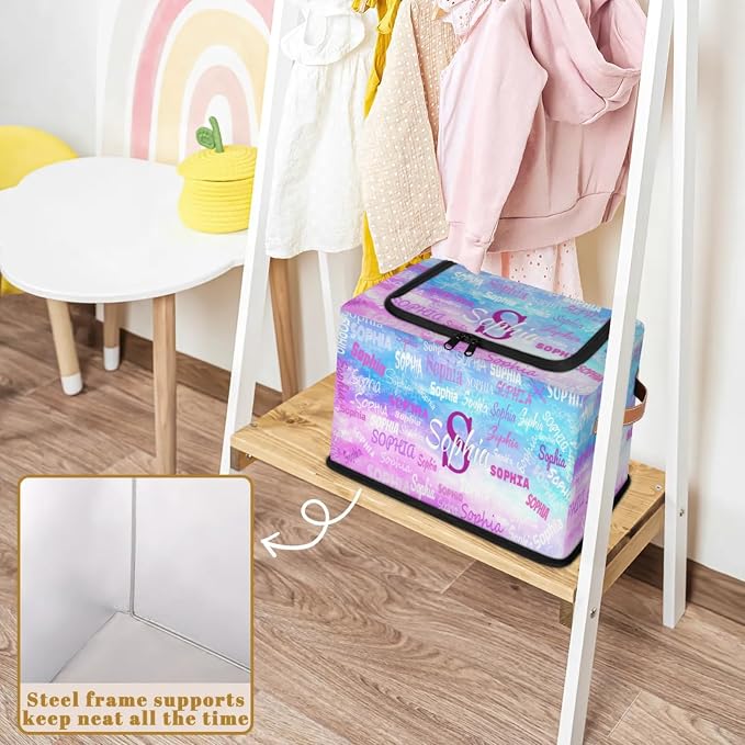Personalized Name Storage Basket with Zipper Lid, Canvas Storage Bins Toys Clothes Organizer for Bedroom, Kitchen, Bathroom, Nursery, Shelves, Closets, Painted Blue Puple Picture