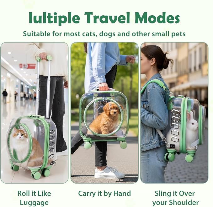 Pet Trolley Case with Ventilation Holes, Pet Carrier,Pet Rolling Carrier,Clear Window Pet Trolley Case,Pet Strollers for Small Dogs,Cat Carrier with Silent Wheels Telescopic for Travel (Green-A)