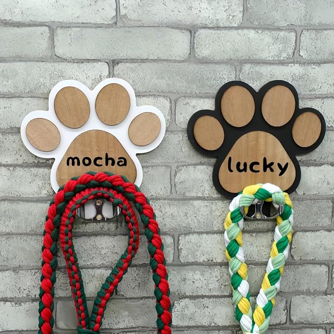 Personalized Dog Lead Holder, Natural Wood Pet Hook Paw Print Hook for Wall Keys, Customized Dog Leash Organizer for Collars and Coats, Pet Accessory for Home Decor‌