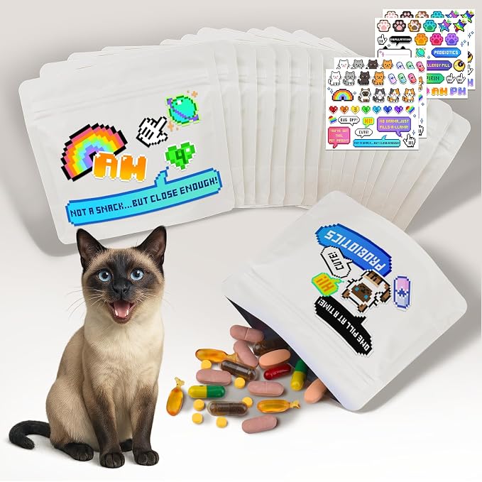 Reusable Pet Pill Pouches for Light Medicine,- 200pcs Capacitywith Zippered Seal, Zippered Medicine Bags with Fun Labels,Waterproof for Medications, Vitamins, Treats(White Cat)