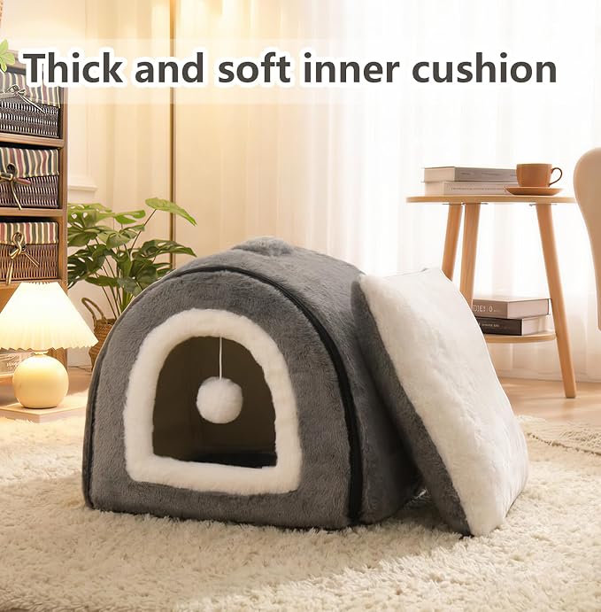 Cat Bed for Indoor Cats，Foldable cat cave，Anti-Slip & Water-Resistant Bottom，cat Houses for Indoor Cats or Small Dogs, Kitten Tent, Rabbit Bed (Dark Grey, L:(17.5"×16.9"×15.9"))