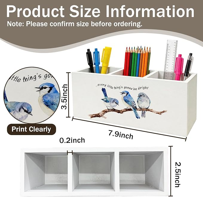 Inspirational Birds Pen Holder - Rustic Farmhouse Bird Lover Gifts Desk Decor Wooden Box Sign, Every Little Thing Is Gonna Be Alright Desk Accessories Decor