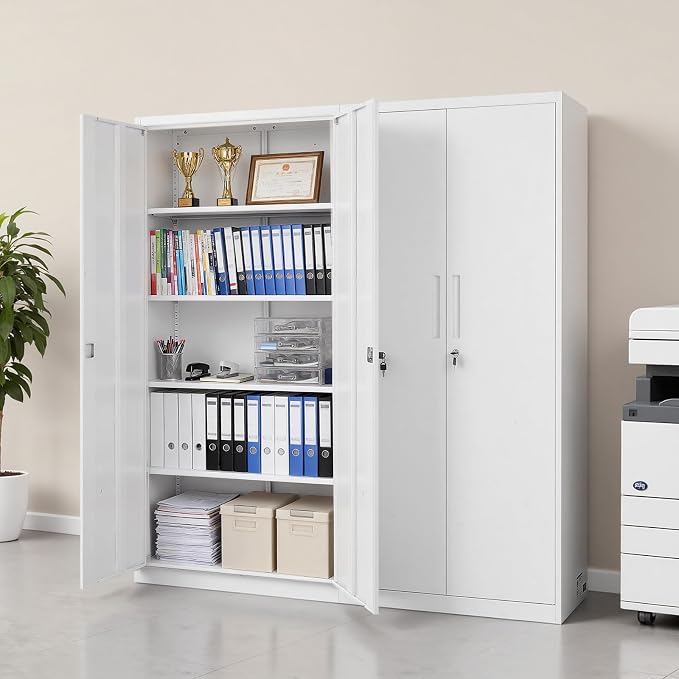 VEVOR Metal Storage Cabinet, Lockable Steel Garage Cabinet with Adjustable Shelves, 2 Magnetic Doors, 2 Keys, 5-Tiers Tool Storage Locker for Home, Office, School, Warehouse, Basement, Laundry, White