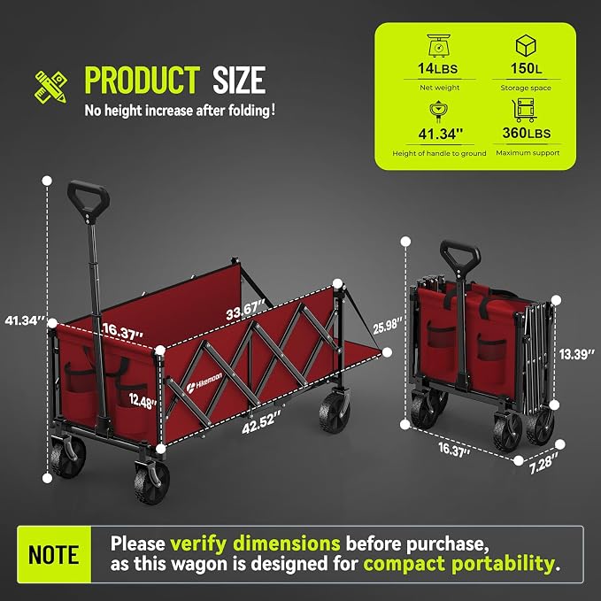43'' Extra Long Folding Wagon with Extended Tailgate, Red | Wagons Carts Foldable, 360LBS Heavy Duty, Compact Portable, Utility Collapsible for Shopping/Beach/Garden/Camping/Sports