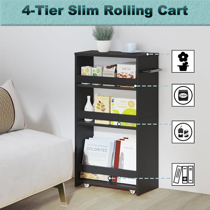 MARTY Slim Rolling Storage Cart, Wood Utility Kitchen Bathroom Laundry Cart | 4 Tier Kitchen Cart with Wheels Handle, Laundry Room Organization Between Washer and Dryer, Narrow Storage Cabinet, 8” Wide