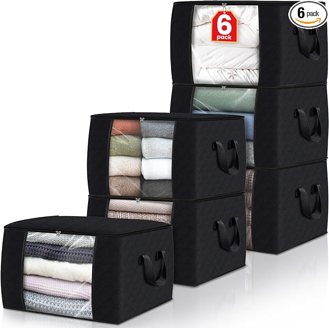 6 Pack Storage Bags for Clothes Blanket Storage Bins with Lids | Foldable Closet Organizers with Zippers,Window and Handles,Fabric Storage Bins for Sweater,Comforter,Bedding,Dorm essentials